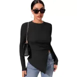 Womens Long Sleeve Irregular T Shirt Slim Fit Round Neck Fashionable Elegant Autumn Winter Colle