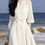 White Chiffon Dress for Women Elegant Fit Short Sleeve Round Neck Casual Summer Wear