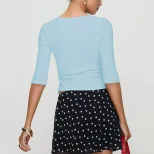 Slim Fit Light Blue Cropped Top 3 4 Sleeve Solid Color Sweet Style Spring Summer Womens Fashion
