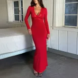 Red V Neck Lace Panel Long Sleeve Bodycon Mermaid Dress Elegant Sexy Slim Fit Perfect for Evenin