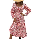 Red Floral Long Sleeve Dress Elegant Design Perfect for Valentines Day Spring and Autumn Wear Wh