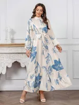 Modelyn Women s Floral Print Stand Collar Lantern Sleeve Ruf
