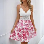 Summer Floral Print Spaghetti Strap Dress Slim Fit Hollow Out Patchwork Design Casual Wear for W