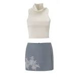Womens Summer Two Piece Set Slim Fit Crop Top with High Neck and Embroidered Bodycon Skirt Casual Wear Wholesale