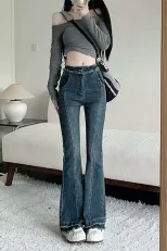 欧洲站喇叭裤女2023春季新款高腰韩版毛边复古百搭显瘦直筒牛仔裤