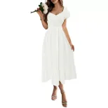 French Vintage Puff Sleeve A Line Midi Dress Waist Defining Flattering Fit Elegant Style Wholesa