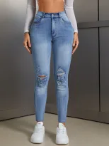Womens Fashionable Distressed Stretch Denim Jeans Washed Finish Casual Style Perfect for Everyda