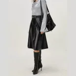Vintage Inspired PU Midi Skirt Casual Flared Design Comfortable Fit Perfect for Everyday Wear Wh