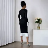 Hepburn Style Black and White Color Block Dress Long Sleeve Ruffle Hem Slim Fit Spring Summer Oc