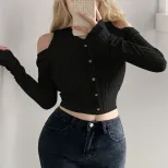 Womens Korean Style Trendy Long Sleeve Crop Top Off Shoulder Design Spring Summer Casual Wear Wh