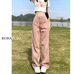 脏粉色高腰阔腿牛仔裤女春秋直筒宽松显瘦大码拖地裤子高街ins潮