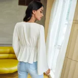 Womens Sexy Tie Front Cardigan T Shirt Short Length V Neck Loose Fit Long Sleeve Spring Summer F