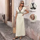 French Style Polka Dot Lace V Neck Dress Puff Sleeves Vacation Ready Elegant Design Wholesale Av