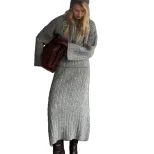 Womens Chunky Knit Sweater Set Solid Color Round Neck Loose Fit Includes Wide Leg Pants and Scar