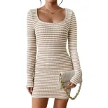 Womens Bodycon Dress Solid Color U Neck Long Sleeve Striped Skirt Spring Summer Fashion Wholesal
