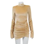 High Neck Long Sleeve Velvet Dress Shoulder Pads Pleated Design Elegant Style Autumn Winter Fash