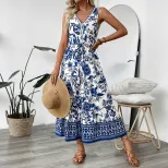 Vintage Floral Print Sleeveless Dress Summer Vacation Style Lightweight Fabric Elegant Design Wh