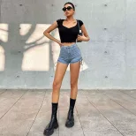 V Neck Ruched Slim Fit T Shirt Stretchy Cropped Solid Color Short Sleeve Summer Casual Wear Whol