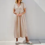 Casual Loose Button V Neck Solid Color Dress New Arrival European and American Style Perfect for