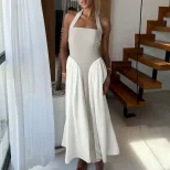Color Block Halter Backless Maxi Dress Casual Vacation Style Comfortable Fit Available for Whole