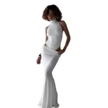Sleeveless Halter Jumpsuit and Mini Skirt Set High Stretch Bodycon Fit Solid Color Fashionable f