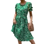 Summer Floral Print Pleated Dress Fresh Design Round Neck Tie Waist Casual Wear for Women OEM Av