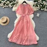Chic Womens Pleated Chiffon Dress with Rhinestone Detail and Waist Tie Round Neck Short Sleeve Available in Multiple Colors