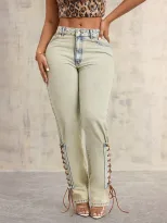 Loose Fit Wide Leg Denim Trousers Tie Decoration Straight Cut Casual Style Wholesale Available