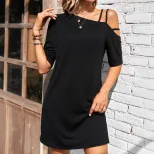 Casual Loose Solid Color One Shoulder Slip Dress for Women Comfortable Fabric Versatile Style Re