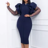 Plus Size Womens Dress Mesh Panel Pleated Design Elegant Office Style Autumn Winter Collection W