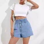 High Waisted Loose Fit Denim Shorts Frayed Hem Fashionable Style Womens Casual Wear Ready to Shi