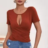 Womens Casual Short Sleeve T Shirt Sexy Hollow Out Design Button Detail Slim Fit Stylish Summer
