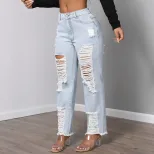 Womens Mid Rise Fashionable Ripped Denim Jeans Casual Style Comfortable Fit Versatile Wear Whole