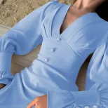 Elegant A Line Dress Deep V Neck Button Detail Waist Cinching Lantern Sleeves Perfect for Office