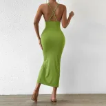 Hollow Out Split Hem Bodycon Knit Dress Adjustable Spaghetti Straps Figure Hugging Fit Sexy Styl