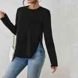Womens Casual Loose Fit Long Sleeve T Shirt Round Neck Side Slit Versatile Style Autumn Winter C