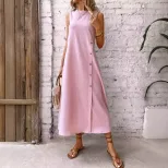 Loose Fit Sleeveless Round Neck Dress Solid Color Straight Cut Comfortable Fabric Casual Summer