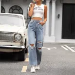 High Waisted Wide Leg Distressed Jeans Loose Fit Trendy Style Casual Wear Wholesale Available