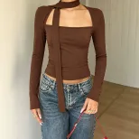 American Style Long Sleeve Crop Top Square Neck Slim Fit Adjustable Tie Soft Fabric Casual Wear