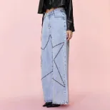 Loose Fit Vintage Beaded Denim Pants Womens Casual Style European and American Fashion Wholesale