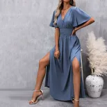 Elegant Deep V Neck Long Dress Side Slits Ruched Waist Flowy Fabric Spring Summer Occasion Whole