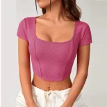 Irregular Square Neck Knit Short Sleeve T Shirt Slim Fit Short Length Stylish Design Casual Wear