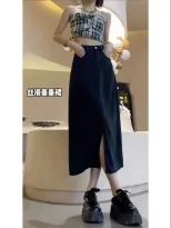 跨境牛仔半身裙女2023春季新款学生显瘦高腰开叉大码中长款a字裙