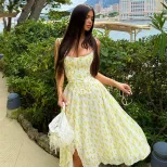 Bohemian Floral Print Maxi Dress Strapless Waist Cinching Backless Slim Fit Perfect for Outdoor