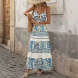 Floral Print Tiered Maxi Dress Sleeveless Bohemian Style Vacation Ready Wholesale Available cust