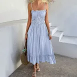 Light Blue A Line Midi Dress for Women Adjustable Straps Flowy Skirt French Style Perfect for Ca