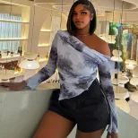 Tie Dye Off Shoulder Long Sleeve T Shirt Irregular Print Trendy Design Casual Style Wholesale Av