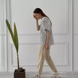 Womens Striped Cotton T Shirt Loose Fit Long Sleeve Split Hem Casual Spring Summer Style Wholesa