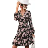 Vintage Floral Ruffle Hem Dress Lantern Sleeve V Neck Autumn Style Perfect for Casual Outings OE