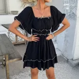 Black French Square Neck Ruffled Short Sleeve Dress Color Block Waist Cinching A Line Silhouette